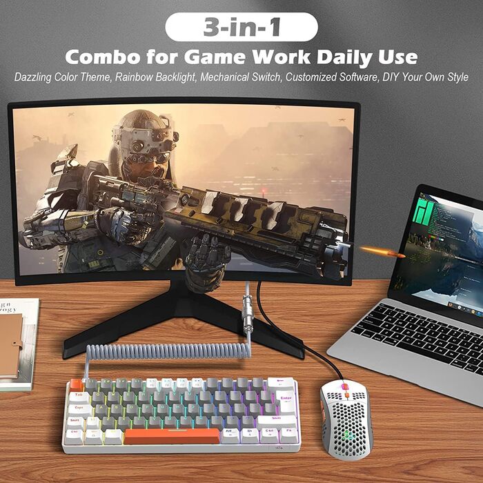 ZIYOU LANG Комплект ігрової клавіатури та миші з USB-C кабелем T60 Pro - 60% механічна клавіатура UK Layout (QWERTY), миша 6400DPI RGB, для PC/Mac