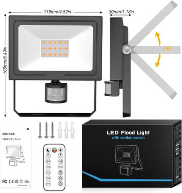 MEIKEE 15W LED Floodlight with Motion Sensor, Remote Control, 2700K Warm White, 150-1200 LM, Outdoor Floodlight LED, IP66 Waterproof Spotlight, Outdoor Light for Garden, Garage, Sports Field, 2PCS