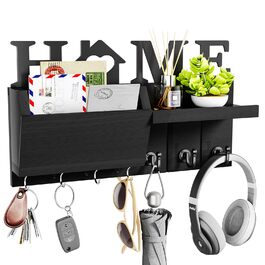 Держатель для ключів HapiRm з декором HOME, дерев'яне ключникове дошка з 7 гачками, з полицею. Підходить для входу, дверей, коридору, спальні, офісу (чорний)