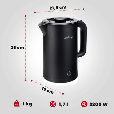 Електричний чайник LEHMANN з нержавіючої сталі 1,7л, 2200W, швидкий нагрів, подвійні стінки, автовимкнення та захист від перегріву, BPA-free, для дитячого харчування, чаю та кави, чорний
