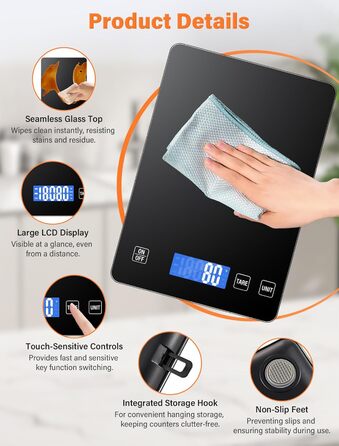 Кухонні ваги QEANY 15 кг з LCD дисплеєм, перезаряджувані, з функцією тарування, 5 одиниць вимірювання, батареї в комплекті