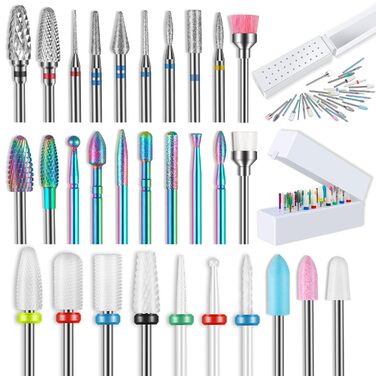 Набір свердл для нігтів Depvko 13 шт. з вольфрамового карбіду, кераміки та діаманту, 3/32 дюйма, з тримачем на 30 отворів
