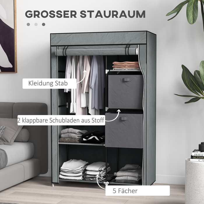 HOMCOM Fabric Wardrobe Folding Closet with Drawers and Clothes Rail Dark Grey with Zippered Non-Woven Fabric for Space-Saving Storage
