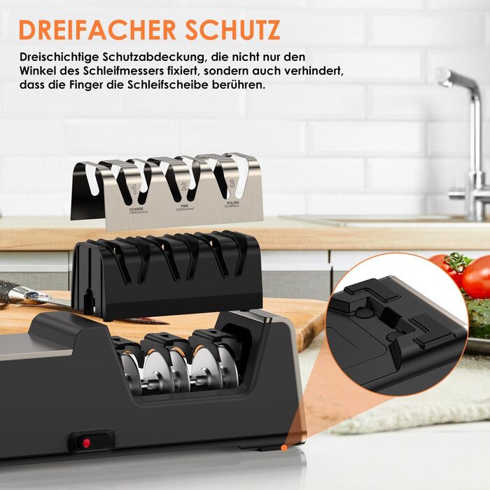 Professional electric knife sharpener with 100% diamond abrasive and precision angle guides. Suitable for double-bevel and serrated knives. Quickly achieves razor-sharp results.