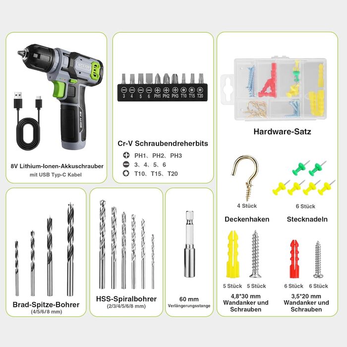 WORKPRO Акумуляторний шуруповерт 8V з набором 53 аксесуари, регульована швидкість, LED-ліхтик, для домашніх ремонтів та DIY
