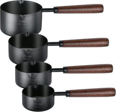 Measuring cup with wooden handle, black stainless steel measuring cup set, dog food scoop for kitchen, flour, spices, measuring, cooking (1, 1/2, 1/3, 1/4 cup)