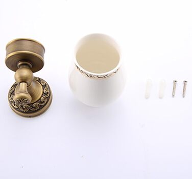 Brass toothbrush holder, antique bronze finish, cup holder with white ceramic cup, wall-mounted, bathroom accessories, patterned carved design