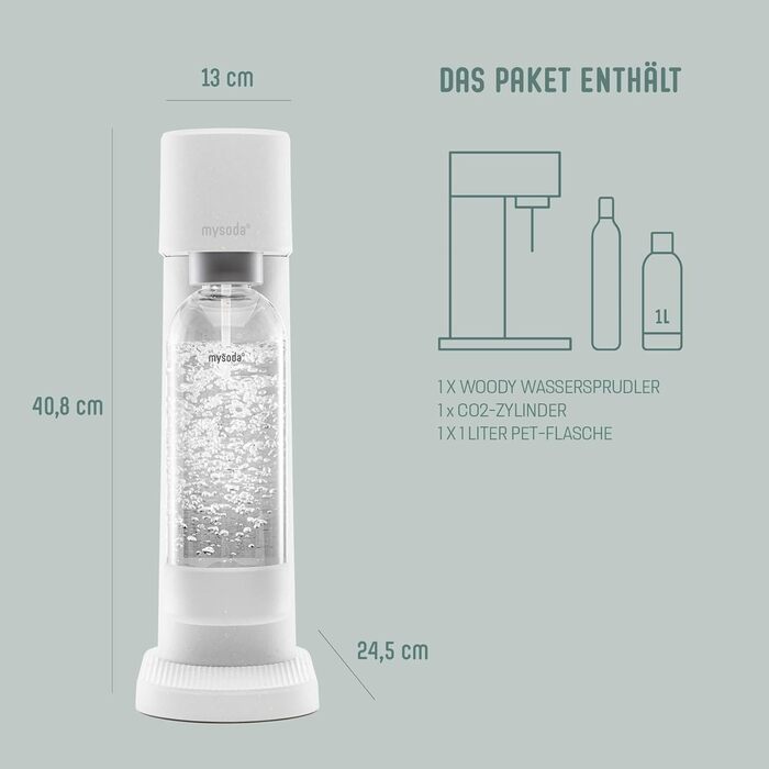 MySoda: Набір Woody - Газована вода з дерев'яного композиту, BPA-free пляшка Quick-Lock та CO2 балон (Білий)