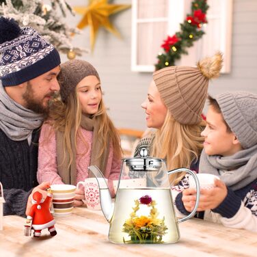 Скляний чайник із ситечком 1200 мл з боросилікатного скла з мірною шкалою для листового чаю та чайних квітів, подарунковий набір