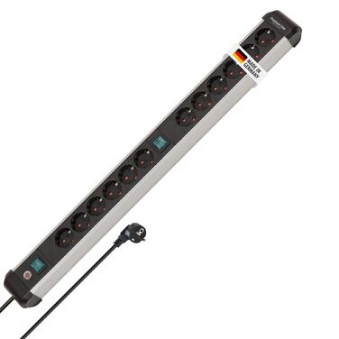 Бренненштуль Преміум-Алю-Лайт Розподільник розеток 12-фазний з алюмінію (багаторозетова панель з 2 вимикачами та 3м кабелем, Made in Germany), Нова версія Single