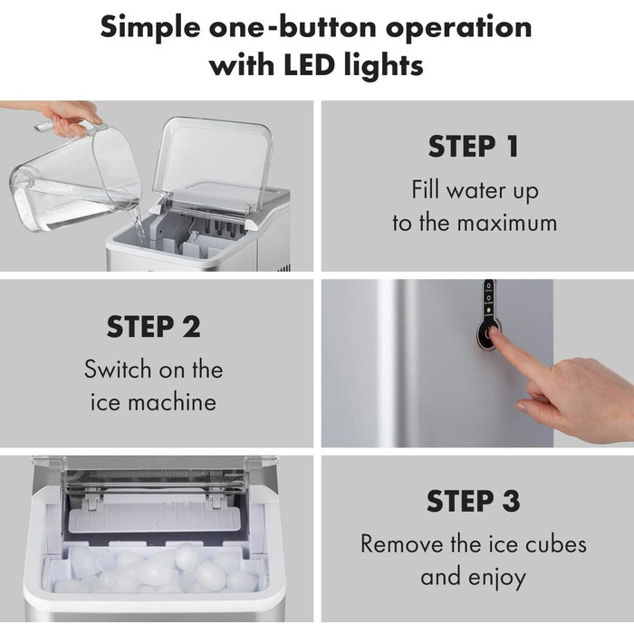 Машина для приготування льоду Klarstein Eiswürfelmaschine - 12 кг/24 год, 8 хв цикл, 1,5 л резервуар, LED-дисплеї, портативна, з прозорим кришкою, з лопаткою - для вечірок (срібна)