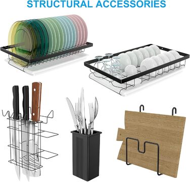 Сушарка для посуду Astoryou 2-ярусна, чорна, з підставкою для столових приборів, з нержавіючої сталі (42x23x41 см)