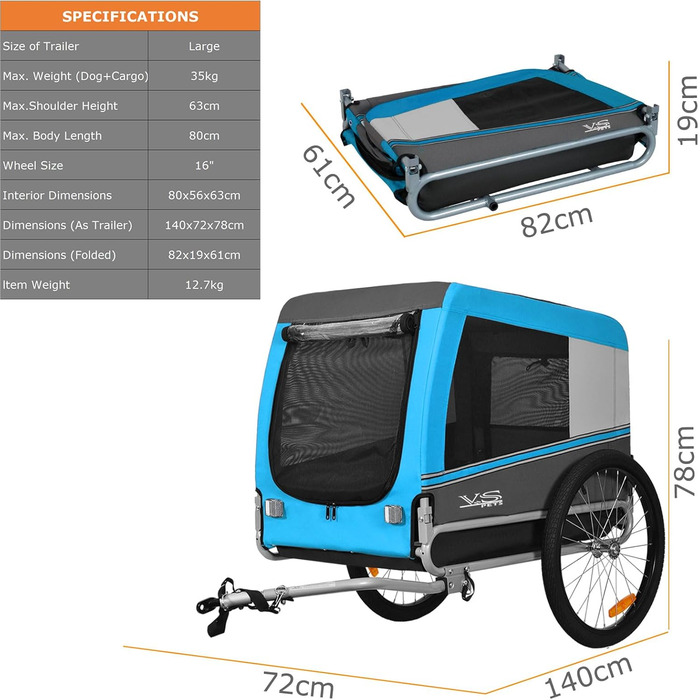Тігго VS Pets L: великий велосипедний причіп для собак, 270л, для собак середнього та великого розміру до 35 кг, складаний, блакитний