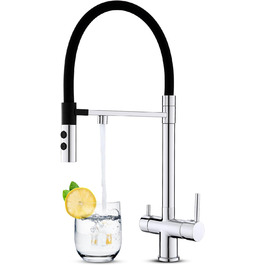 3-шляховий змішувач для кухні з поворотним гусаком 360°, 2 функції (злив/душ), 3-в-1, з двома ручками, для фільтрації води, з міді та нержавіючої сталі, хром, з магнітною насадкою для душу