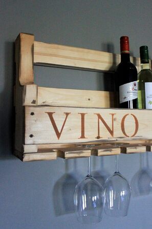 Wooden Wall-Mounted Wine Rack - with Glass Holders and VINO Signage - Flamed - Fully Assembled - Shelf for Wine Bottles and Glasses (Rust-Look)