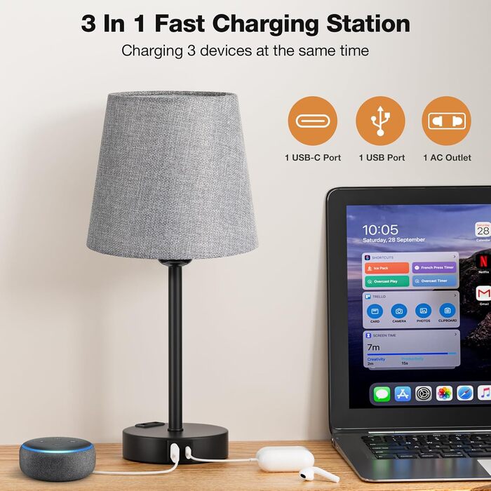 Настільна лампа Kakanuo з торшером, 2 шт., з USB-портами A+C, диммер, LED, для спальні, вітальні, дитячої кімнати, офісу (сірий/чорний)