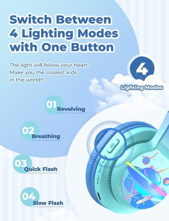 iClever Бездротові навушники для дітей з LED-підсвіткою, Bluetooth 5.2, мікрофон, BTH12 (градієнт синього)