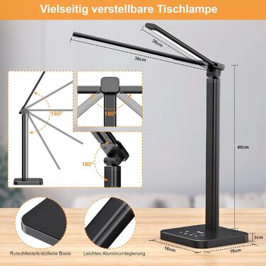 LED лампа настільна Veetop з подвійним світлом, регульована, денне світло, 72 см, шарнірний кріплення, 5 рівнів яскравості, 5 колірних температур, диммування, офісна лампа