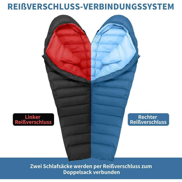 Спальний мішок для дорослих та дітей, легкий зимовий, Outdoor 8°C ~ -30°C для кемпінгу та альпінізму з 650 FP гусячим пухом (Блакитний, 1000г пуху)