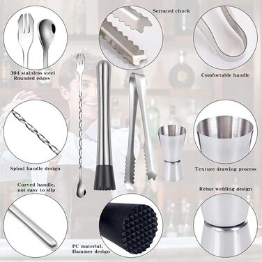 Набір для коктейлів з нержавіючої сталі, 5 предметів: міксер, шейкер, мірний стакан, прес для фруктів, подарунковий