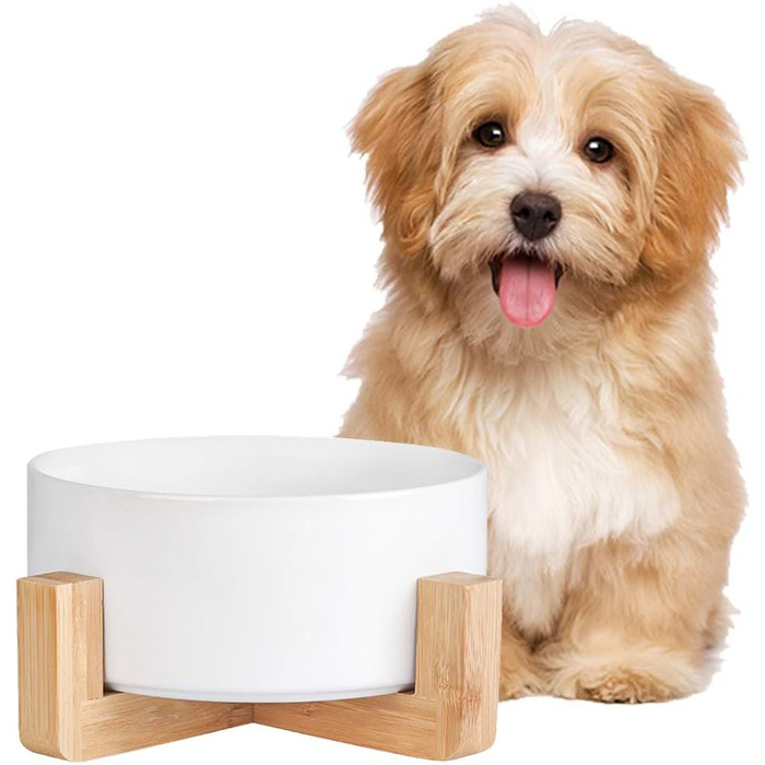Керамічна миска для корму для собак та котів з дерев'яною підставкою, 850 мл, білий колір