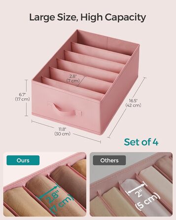 SONGMICS Set of 4 Drawer Organizers, 6 Compartments, Closet Organizer, Foldable, Clothes Organizer, 41.5 x 30.8 x 17.8 cm, for Pants, Clothing, URUS009G04 (Jelly Pink)