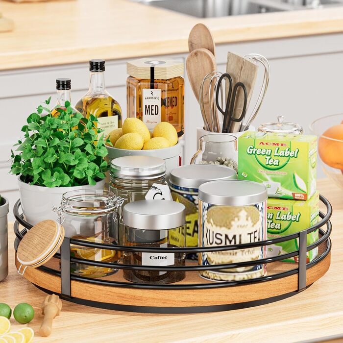 Wooden Lazy Susan Turntable Organizer, round, for cabinet, kitchen, countertop, pantry, dining table, bathroom, cafe, bar, spice storage, home decor