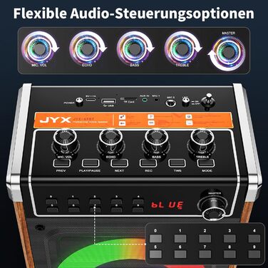 Караоке-система JYX з 2 бездротовими мікрофонами UHF, Bluetooth-колонкою з регулюванням басів/високих частот та LED-підсвіткою, підтримка PA-системи TWS, AUX, FM, запис. Для вечірок, дорослих та дітей. Чорний колір.