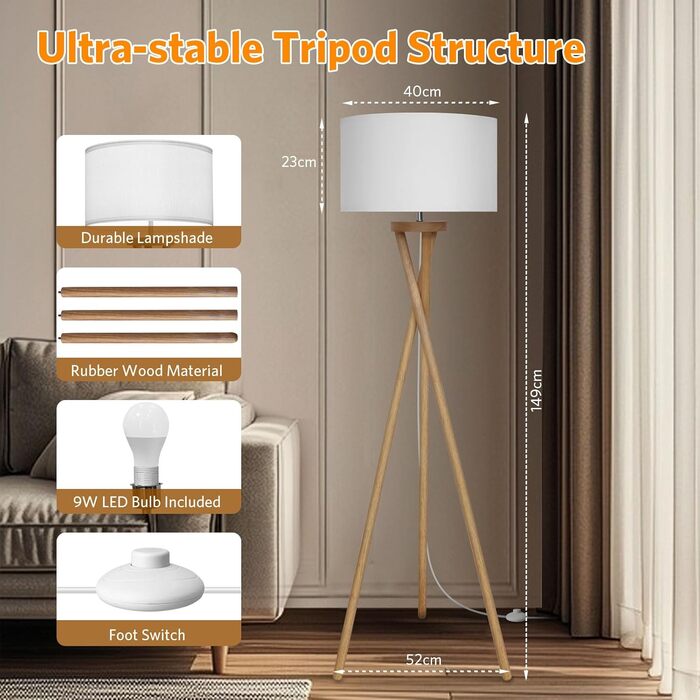 Стійка лампа BBHome для вітальні, спальні, офісу: дерев'яний каркас, LED E27 9W, сучасний дизайн