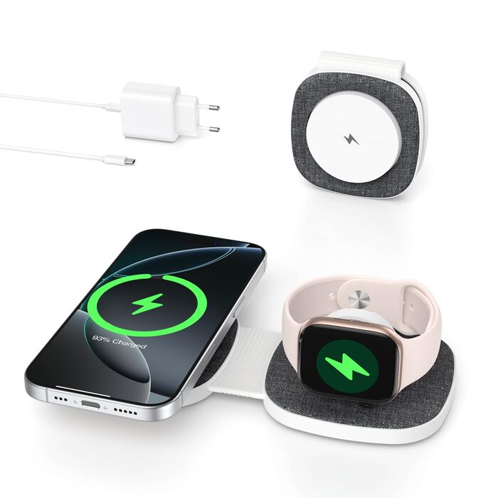 Зарядна станція 2-в-1 для Apple Watch та iPhone MagSafe (20W, чорна) - сумісна з iPhone 17e/Air/17/16/15/14/13/12, Apple Watch Series 11/10/9/8/7/6/5/4/3/2/SE/Ultra, AirPods
