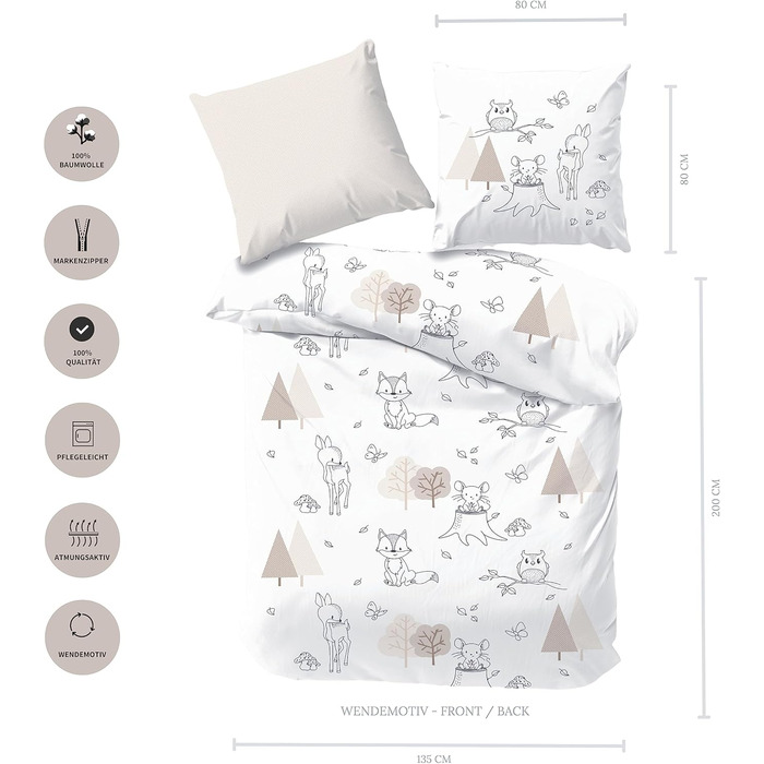 Дитяча постільна білизна 135x200/80x80, Райдуга та лісові тварини - преміум якість, 100% бавовна, для дівчаток та хлопчиків