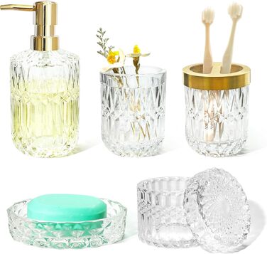 Orange Bathroom Accessories Set, 5-Piece, Clear Glass, Hand Soap Dispenser, Soap Dish, Toothbrush Holder Set, Cotton Swab Jars, Modern Bathroom Decor, Burnt Orange
