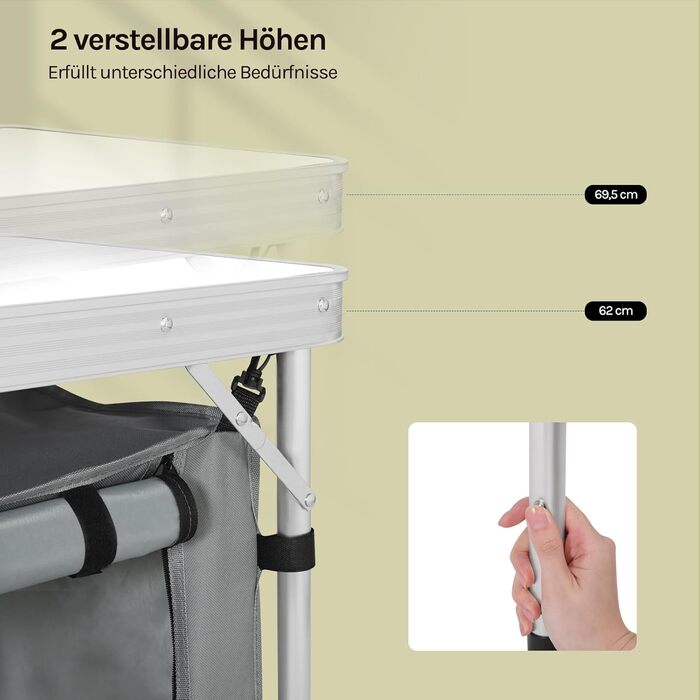 Складний алюмінієвий кемпінговий стіл WOLTU з регульованою висотою та полицями для зберігання, білий+сірий - для пікніка, пляжу, саду