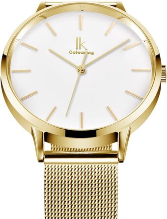 Жіночий годинник Alienwork IK Minimalist: ультратонкий, сітчатий ремінець (золотий / білий / золотий сітчастий ремінець)