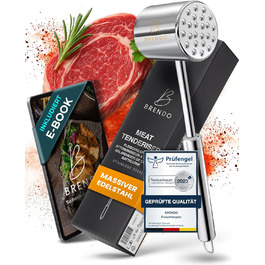 Преміум Fleischklopfer від Brendo: м'ясорубка з масивного нержавіючої сталі, двостороння, з плоскою та зубчастою поверхнею для будь-якого м'яса, + E-Book рецептів, придатна для миття в посудомийній машині, шніцельниця