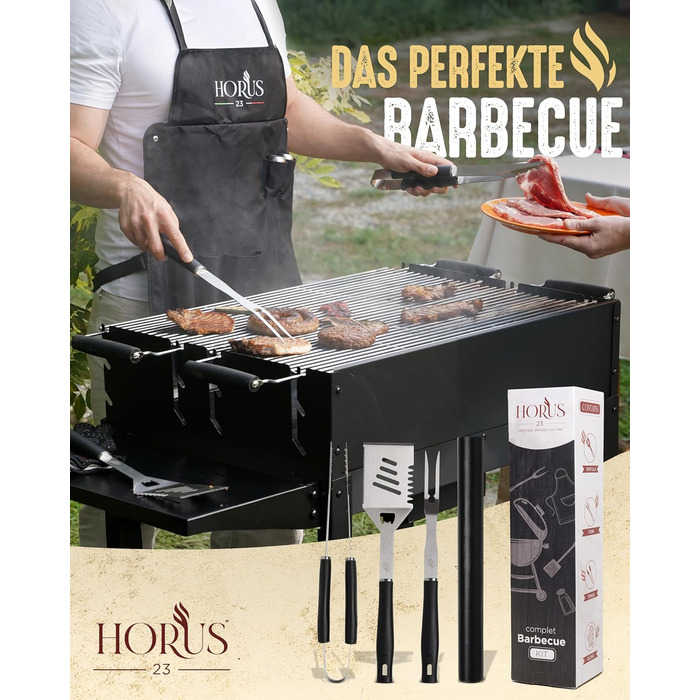 HORUS 23 Набір гриля з аксесуарами з нержавіючої сталі: щитківка, рукавиці для захисту від тепла, килимок для гриля - подарунок для чоловіків