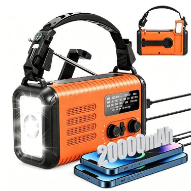 Радіо на сонячних батареях та ручному приводі 20000mAh з зарядкою для телефону, ліхтариком та сигналом SOS (Помаранчевий)