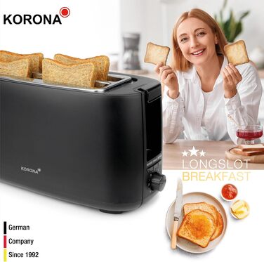 Тостер Korona 21060 на 4 скибки, довгий слот, регулювання ступеня підсмажування, розморожування, підігрів, 1400 Вт, підставка для булочок, піддон для крихт, центрування хліба, чорний матовий