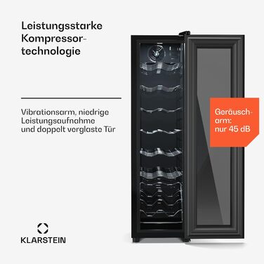 Klarstein Wine Refrigerator - 1 Zone Compact Wine Cooler, 42L Capacity, Glass Door, Indoor/Outdoor Use, 5-18°C, 16 Bottle Wine Fridge