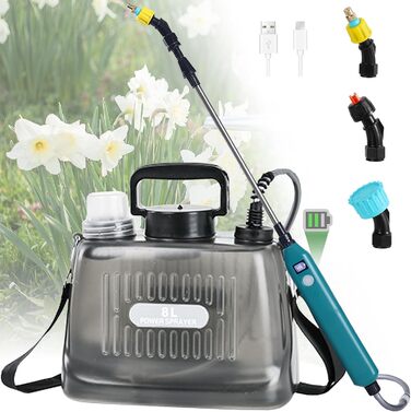DOUBFIVSY Pressure Sprayer AutoPump, Garden Sprayer Spraying Device with Battery, Electric Plant Sprayer with 3 Nozzles, Telescoping Lance with Visible Battery Level, Transparent Tank (8L)