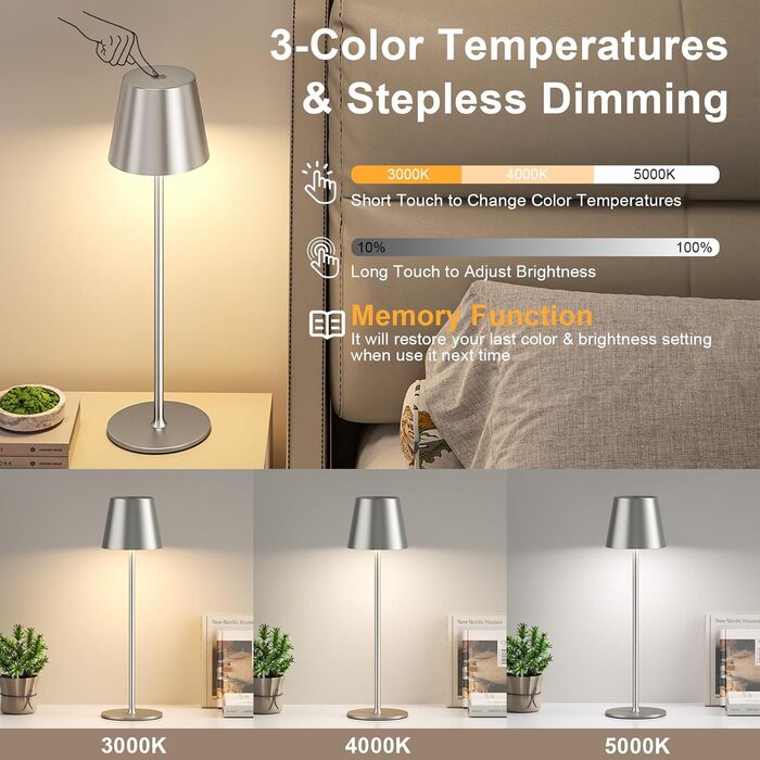 Акумуляторна LED настільна лампа бездротова з USB-C зарядкою, регульованою яскравістю та 3 режимами освітлення (сіра)