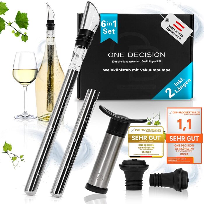 One Decision Deluxe Wine Cooling Rod 6-in-1 Set | Includes 2 Lengths Stainless Steel | Wine Cooler Rod + Vacuum Pump + Pourer | Gift Ideas for Women, Gifts for Men
