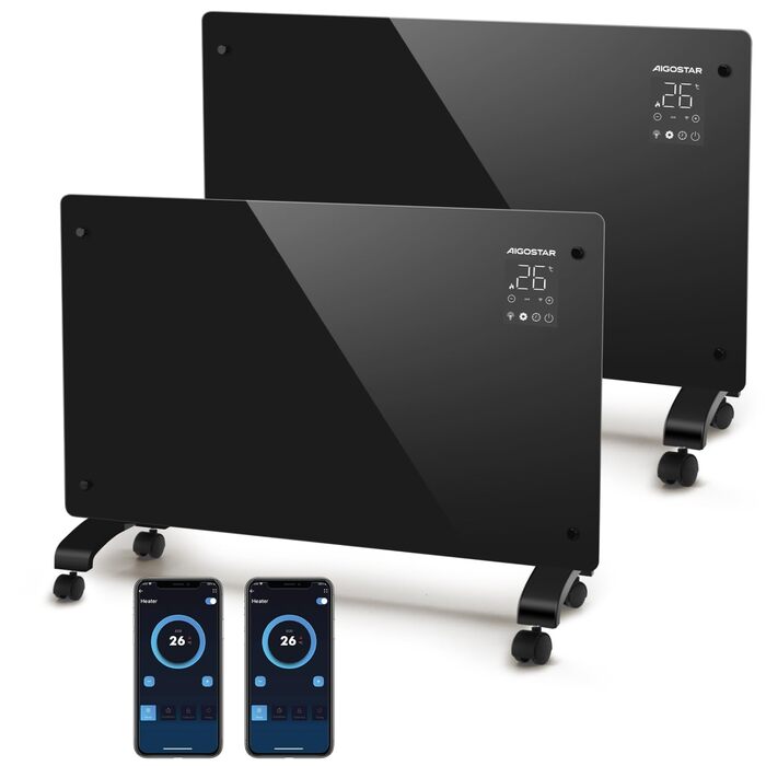 Електричний конвектор Aigostar з термостатом та Wi-Fi керуванням, 2000W, для приміщень до 30 м², чорний (2 шт.)