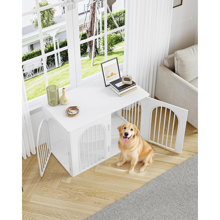 Hzuaneri Modern Dog Crate Furniture - Indoor Dog Kennel with 3 Doors & Tabletop - Durable White Dog Cage 108x64x76cm (DFC86013W)