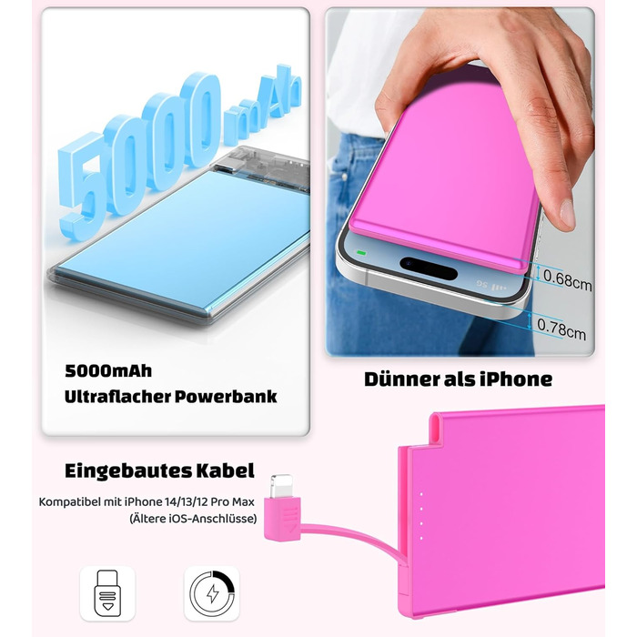 Power Bank Auskang 5000mAh Slim з кабелем для iPhone (до iPhone 14) - Рожевий