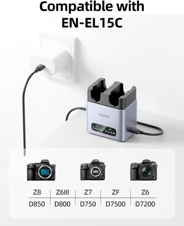 Зарядний пристрій для акумулятора Nikon EN-EL15C з двома слотами, 20W, сумісний з Nikon Z8, Z7II, ZF, Z6III, Z7, Z6II, Z6, D850, D810A, D7500, D750, D7200, D7100, з корпусом з алюмінію, швидка зарядка (2.8 години)