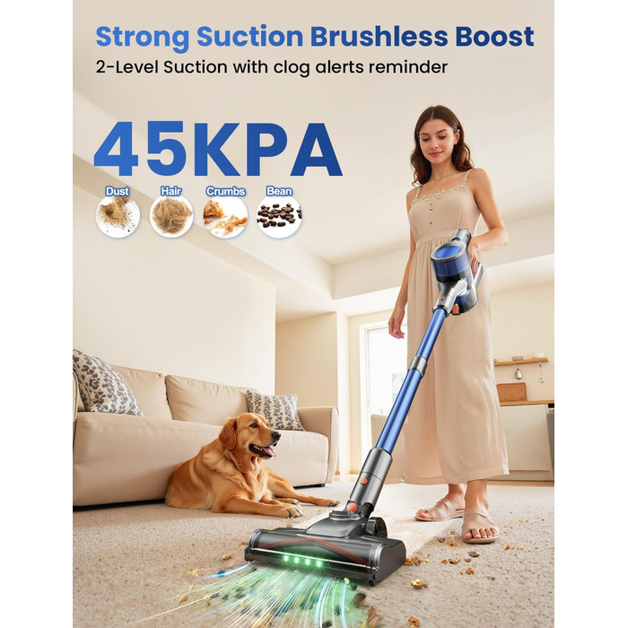 Бездротовий пилосос Dzaki 45000Pa з акумулятором, дисплеєм та антизаплутувальною насадкою для килимів, твердих підлог та шерсті тварин