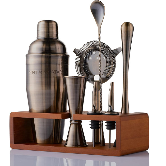 Набір для коктейлів Mint&Mortar 7 шт. з бамбуковим підставкою, з нержавіючої сталі, барменський набір з інструментами для дому та професійного використання, 680 мл, міксер (чорний) з щіткою золота