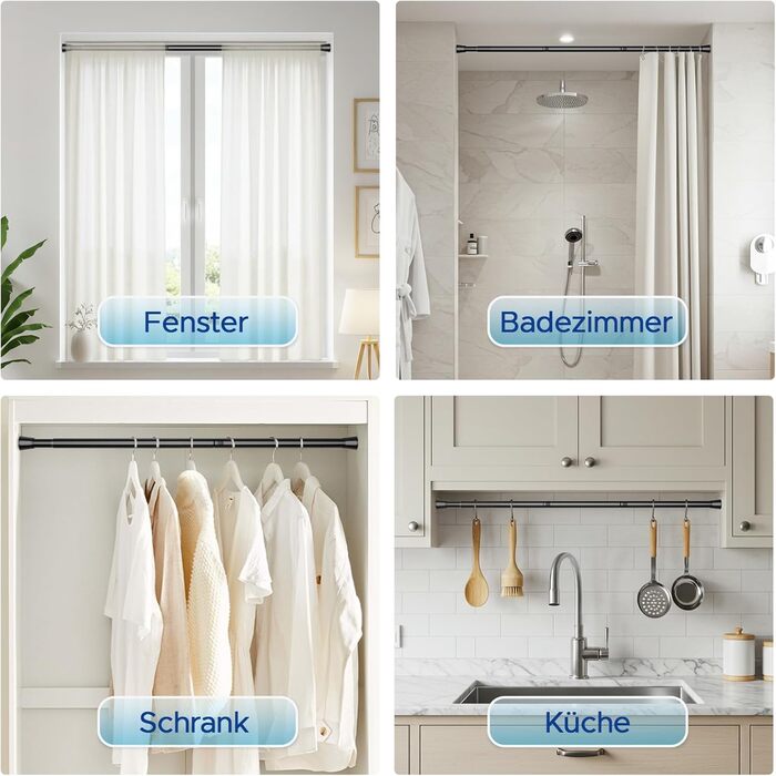 Штанга для карнизів без свердління – Ø 25 мм, 1 шт. Регульована телескопічна штанга для кріплення, для штор, душової завіси та гардеробу (Чорний, 71-98 см)