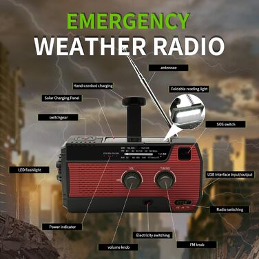 Сонячне радіо на батарейках з ручним приводом, LED-ліхтарик, SOS-сигнал, AM/FM, 2000mAh, зарядка смартфону (B-red)